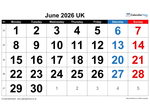 June 2026 Calendar Printable UK
