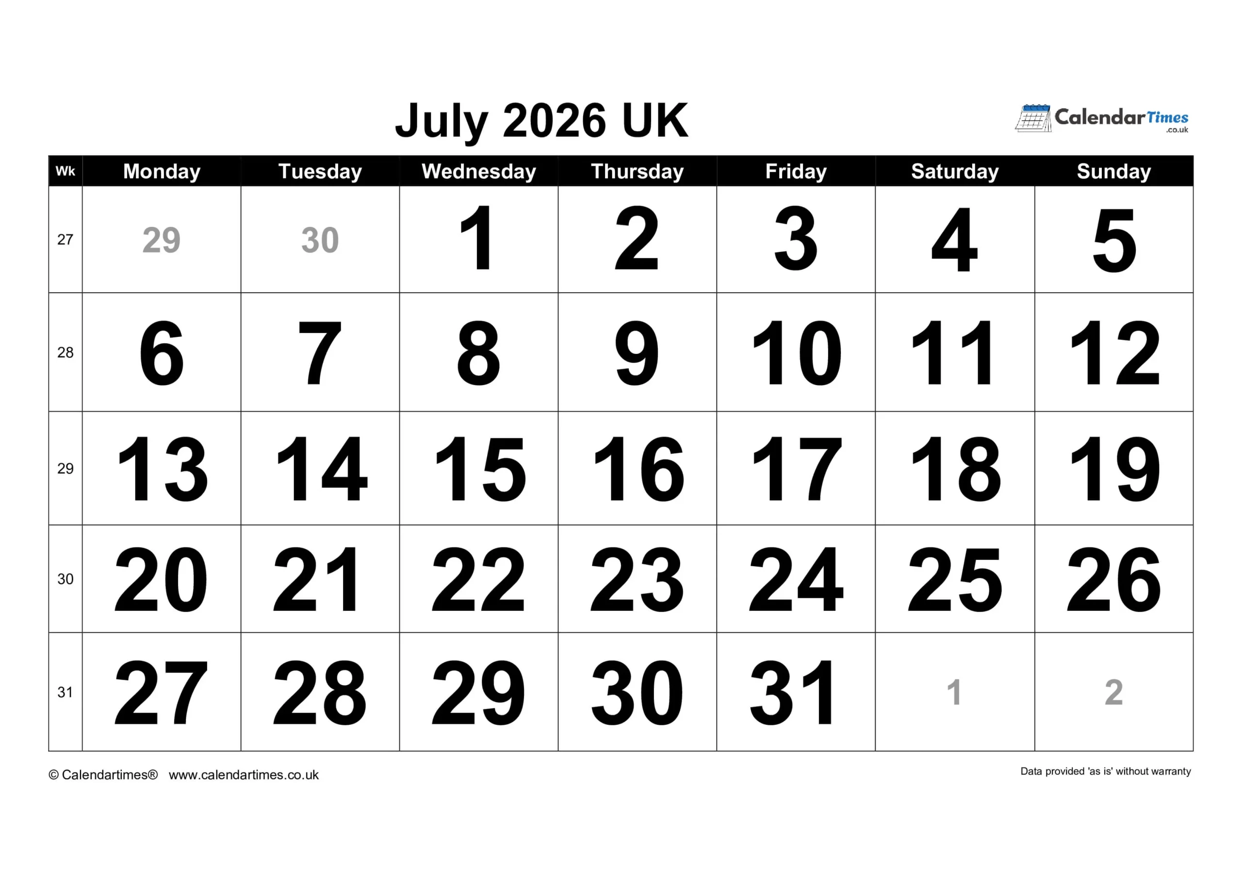 July Calendar 2026 Printable