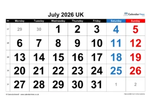 July 2026 Calendar Printable UK