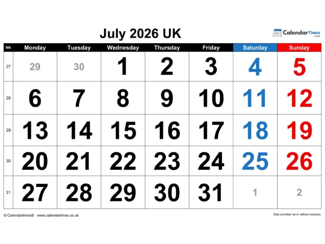 July 2026 Calendar Printable UK