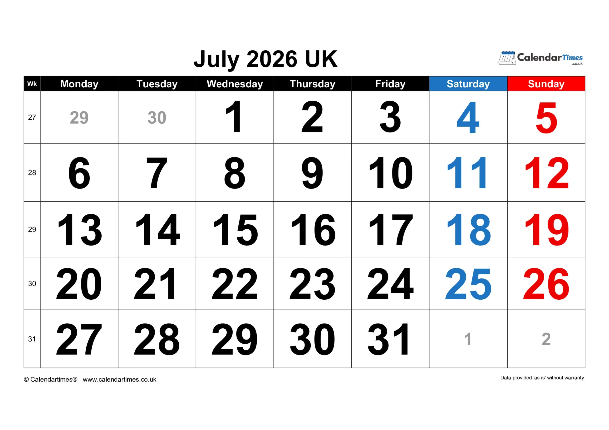July Calendar 2026 with Bank Holidays