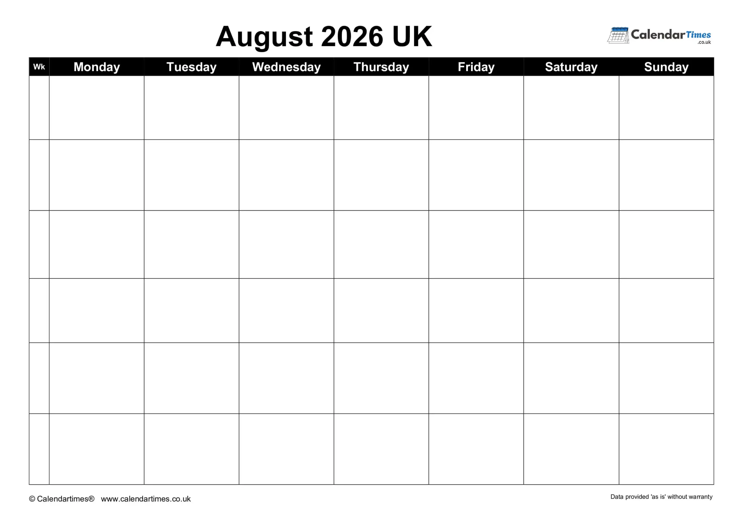 August 2026 Blank Calendar Free PDF