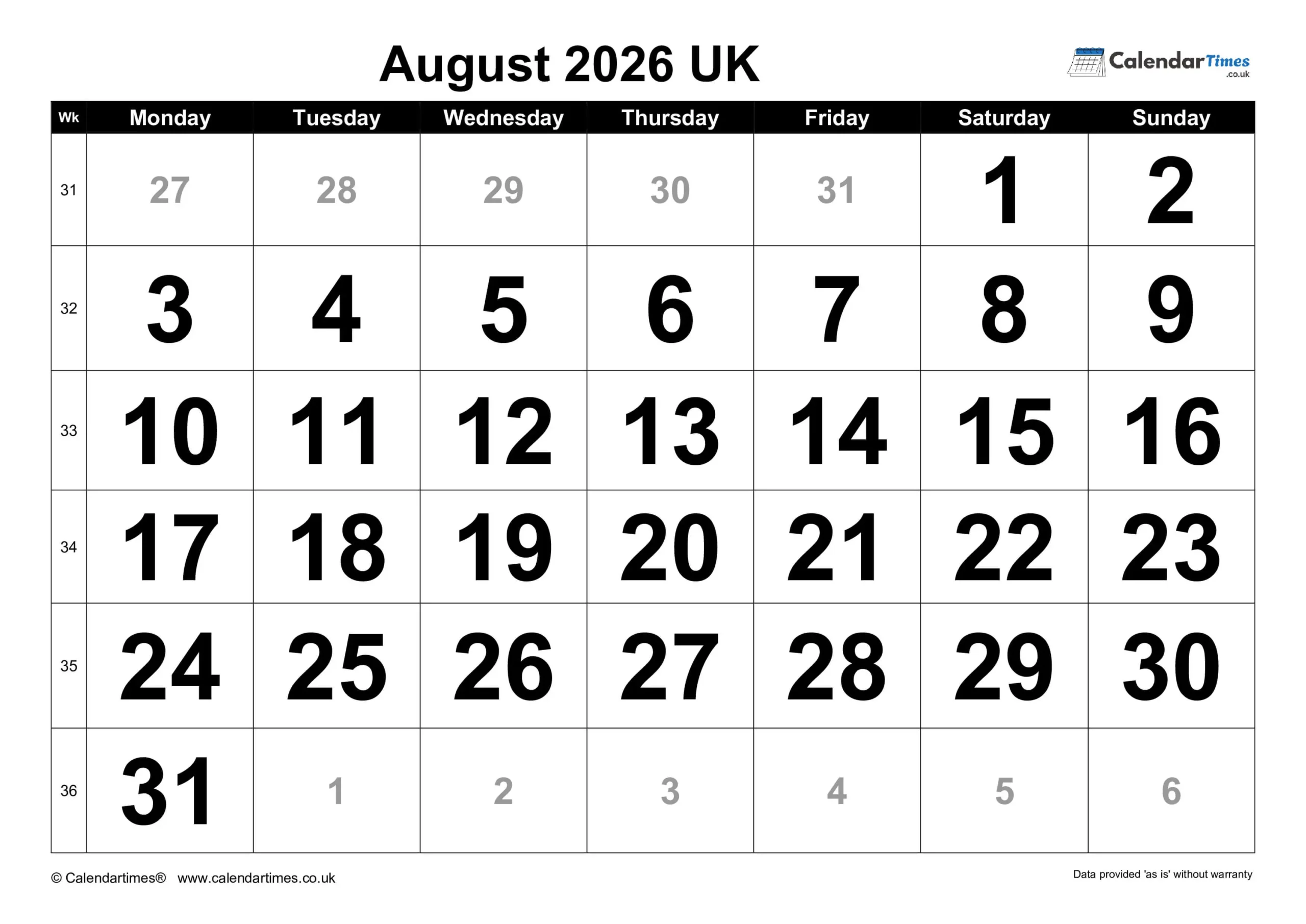 August Calendar 2026 Printable
