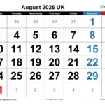 August 2026 Calendar Printable UK