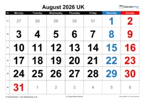 August 2026 Calendar Printable UK