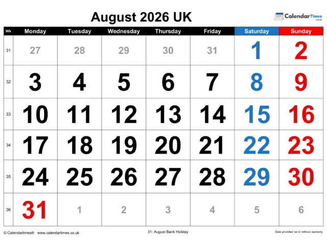 August 2026 Calendar Printable UK