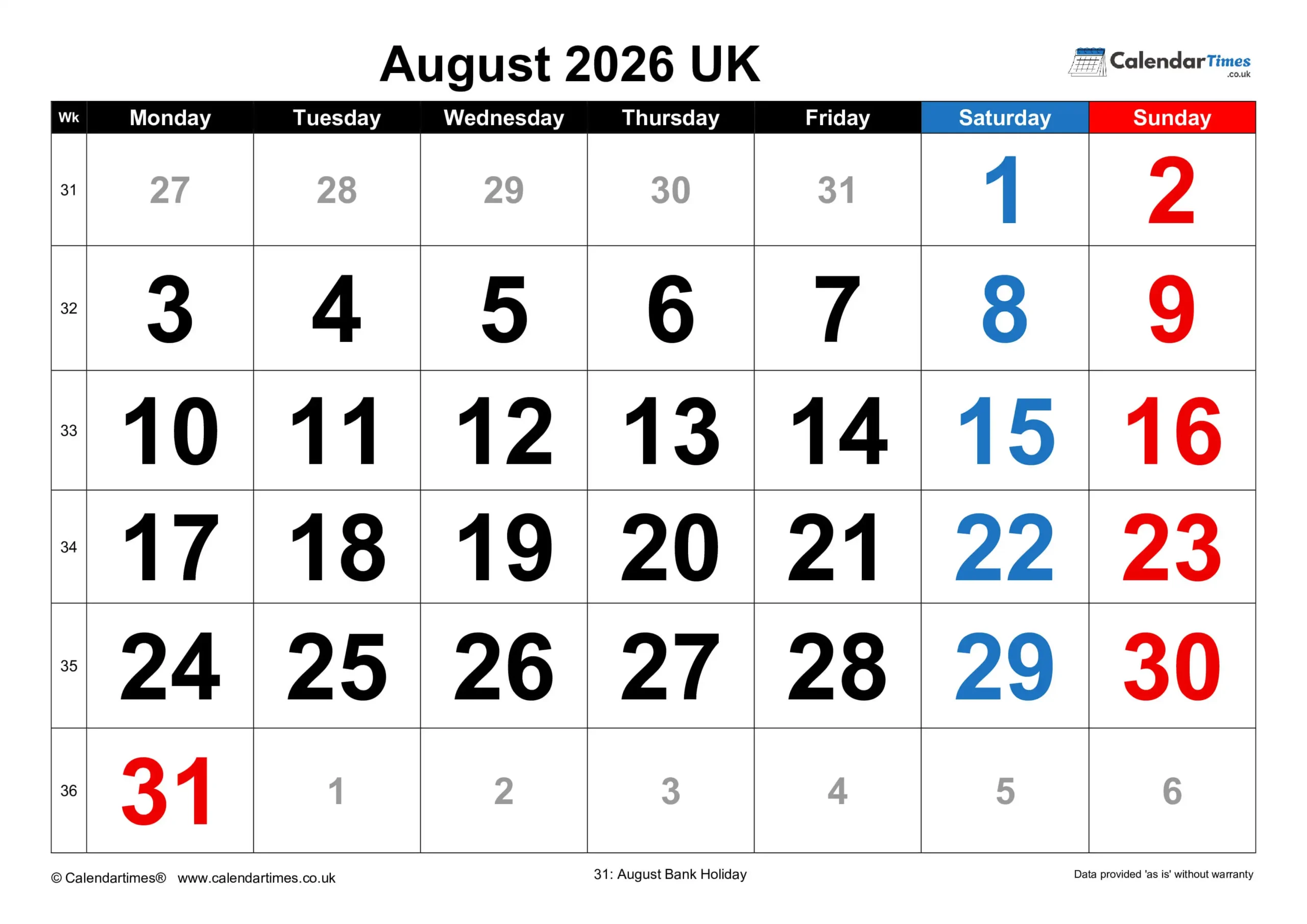August Calendar 2026 with Bank Holidays