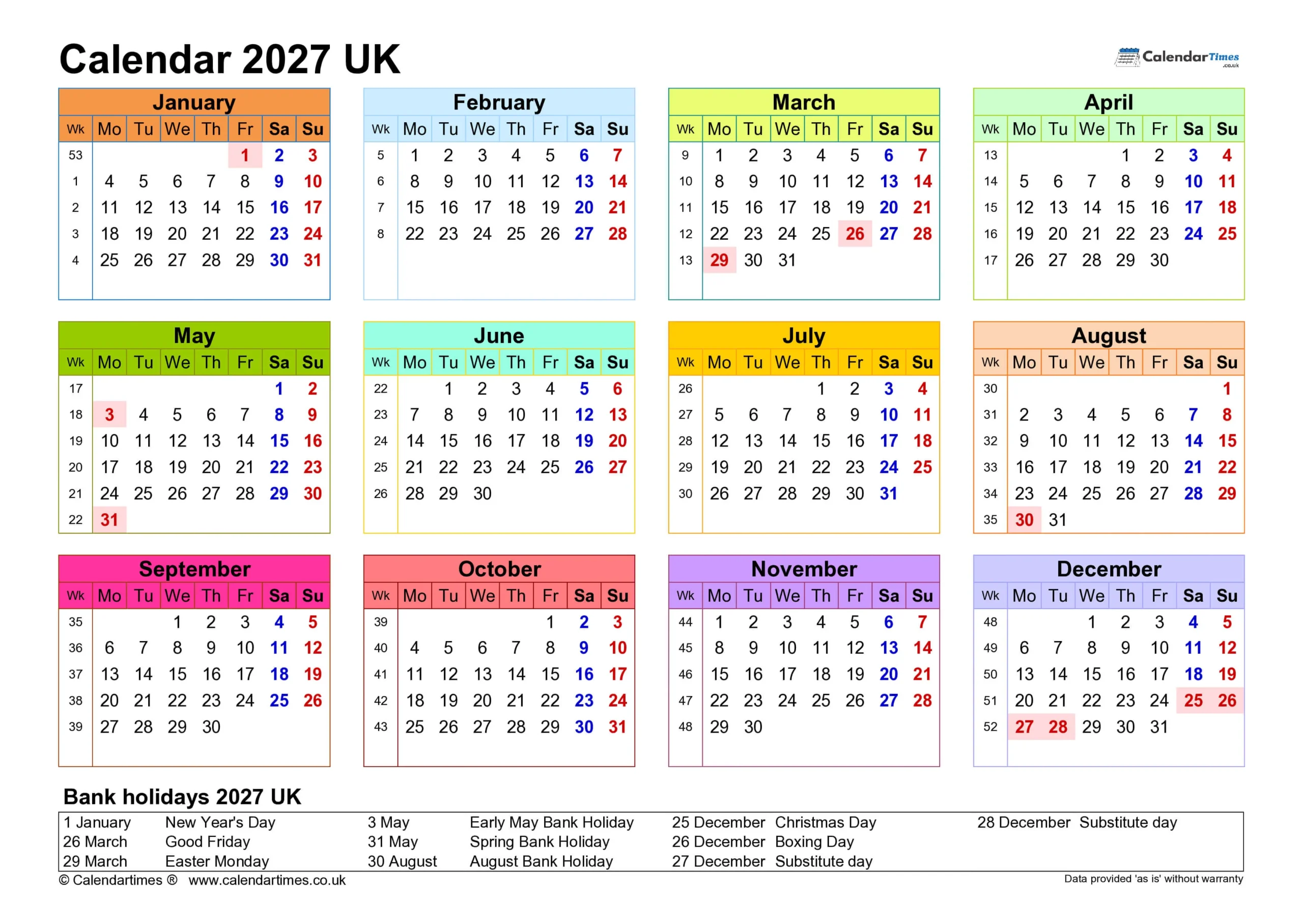 2027 Calendar UK with Bank Holidays