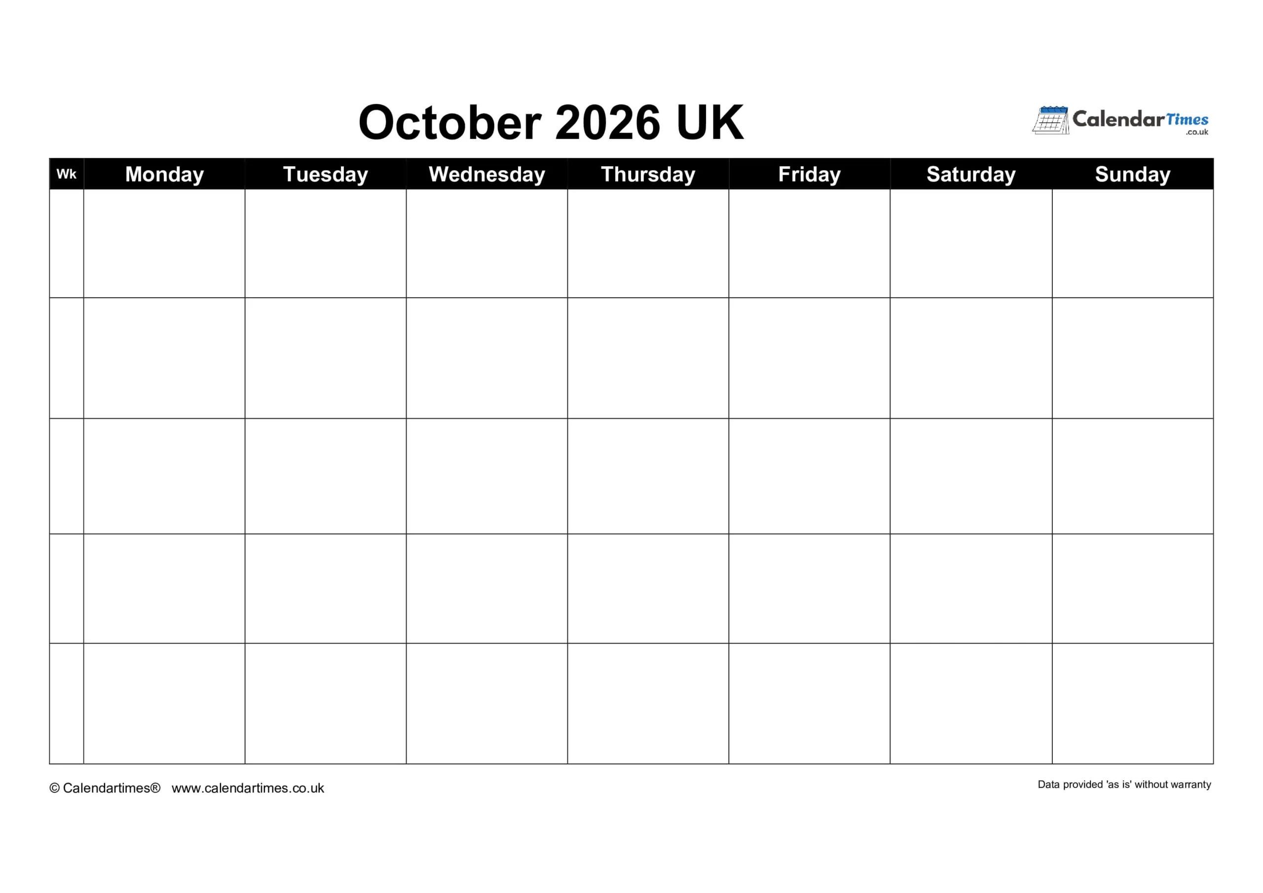 October 2026 Blank Calendar Free PDF