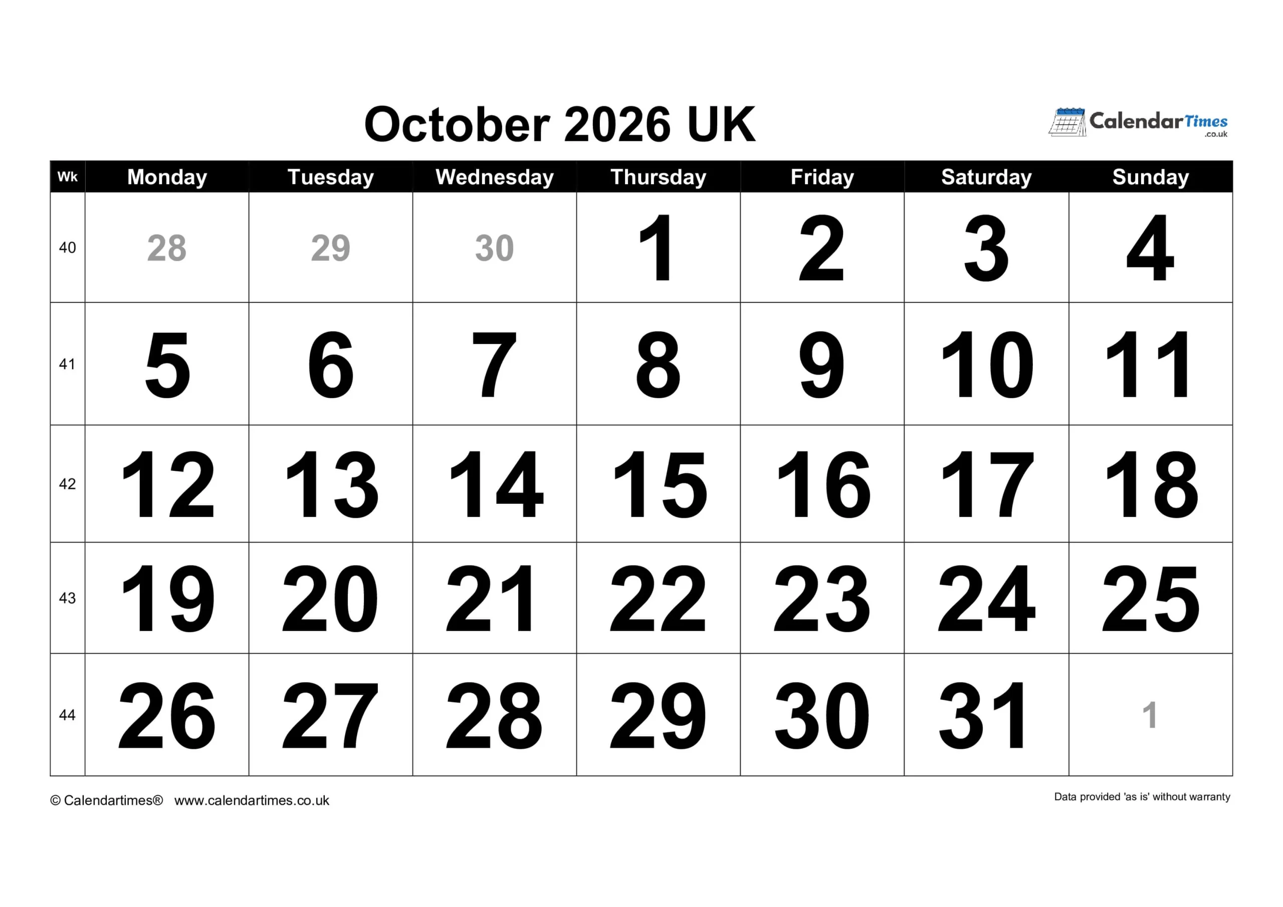 October Calendar 2026 Printable