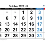 October 2026 Calendar Printable UK