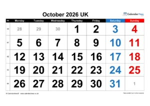 October 2026 Calendar Printable UK