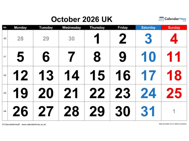 October 2026 Calendar Printable UK