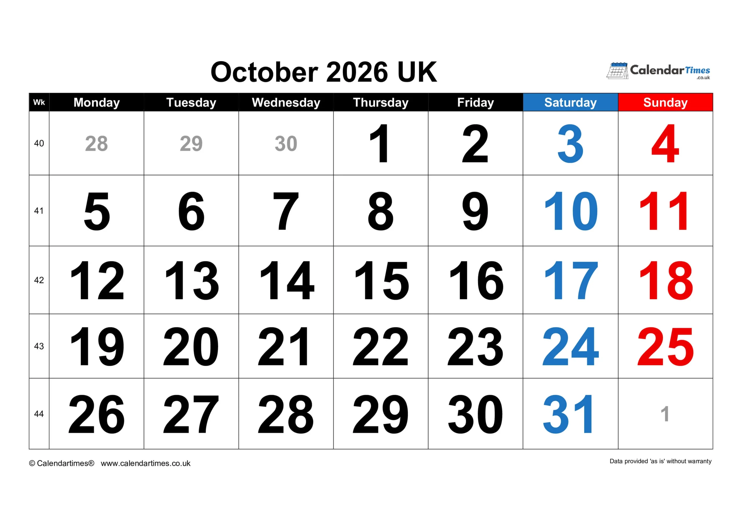 October Calendar 2026 with Bank Holidays