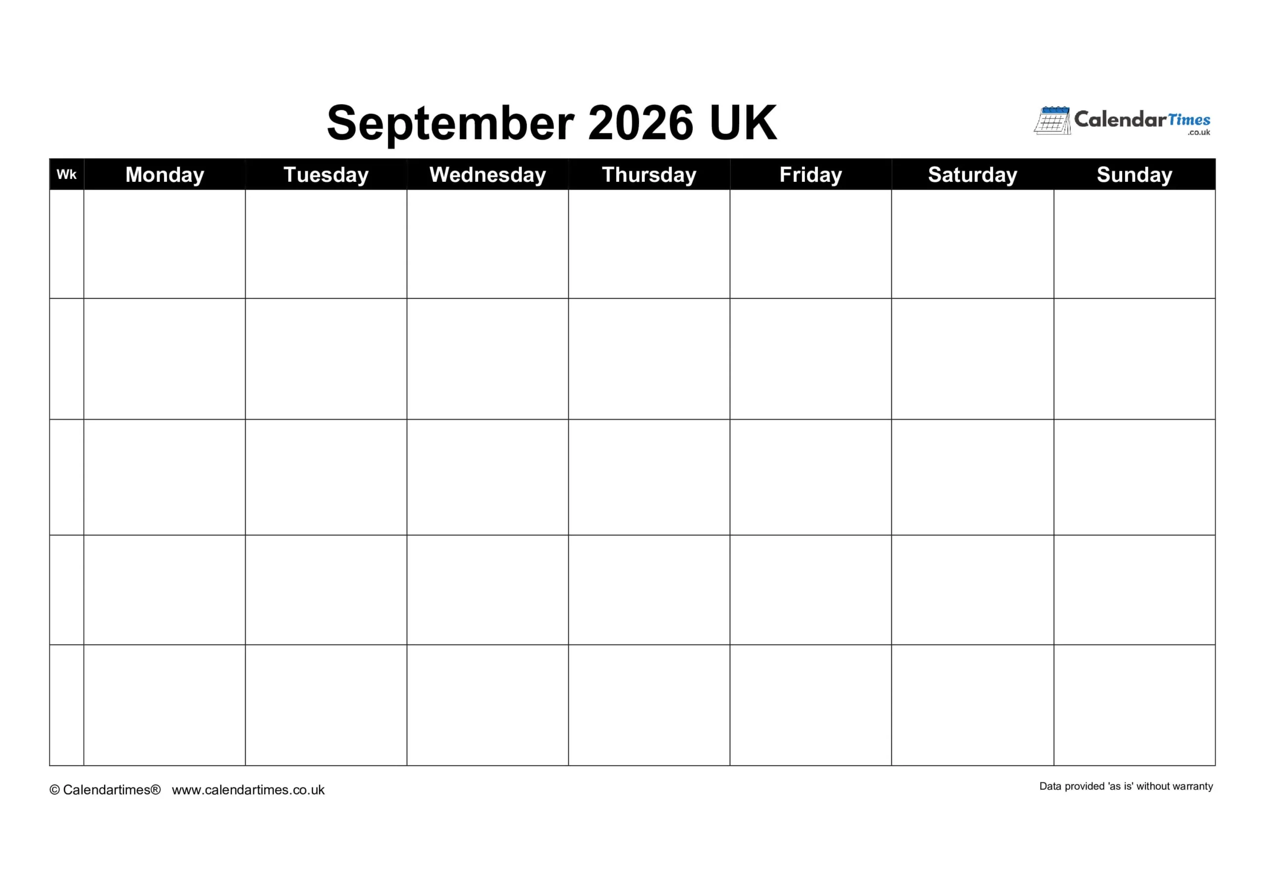 September 2026 Calendar Printable UK September 2026 Blank Calendar Free PDF