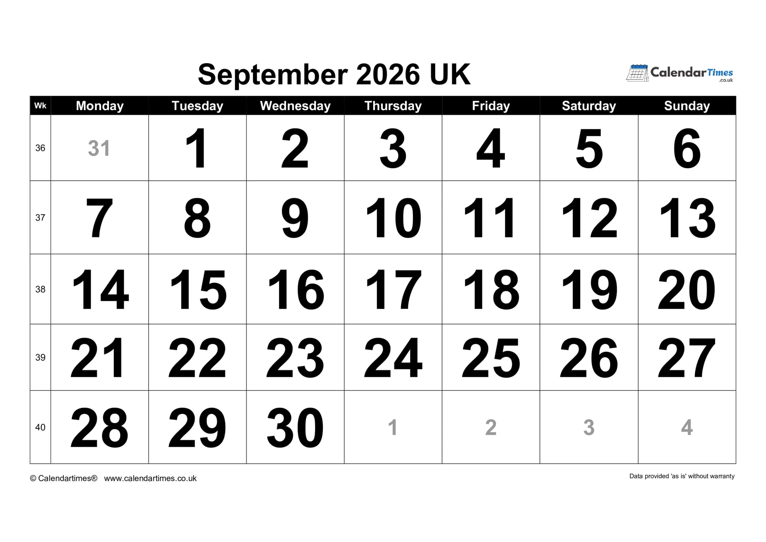 September 2026 Calendar Printable UK September Calendar 2026 Printable