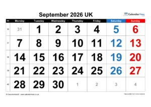 September 2026 Calendar Printable UK