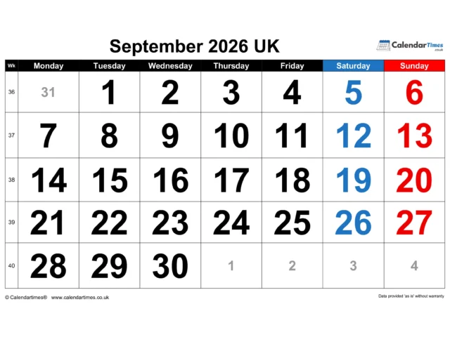 September 2026 Calendar Printable UK