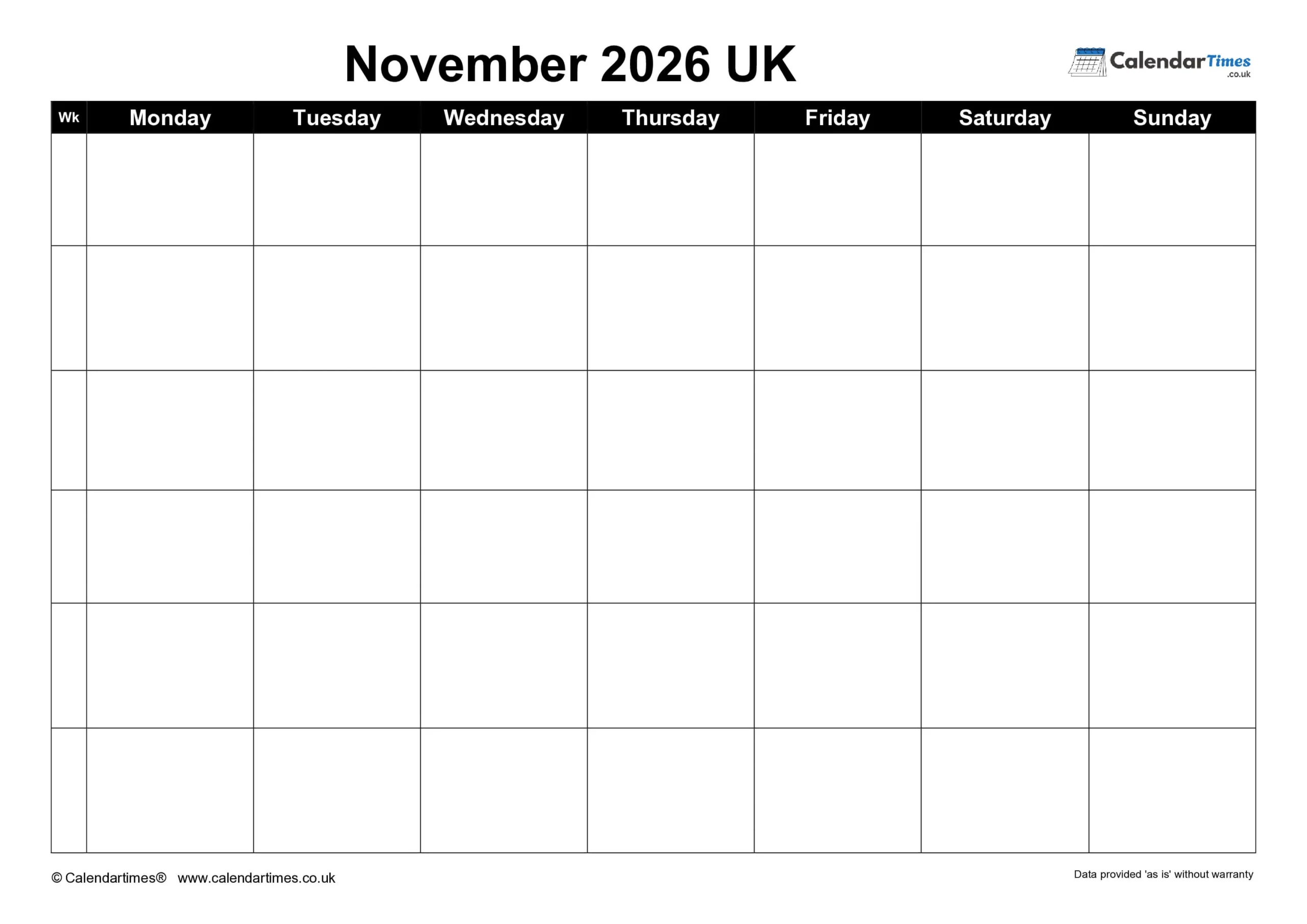 November 2026 Blank Calendar Free PDF