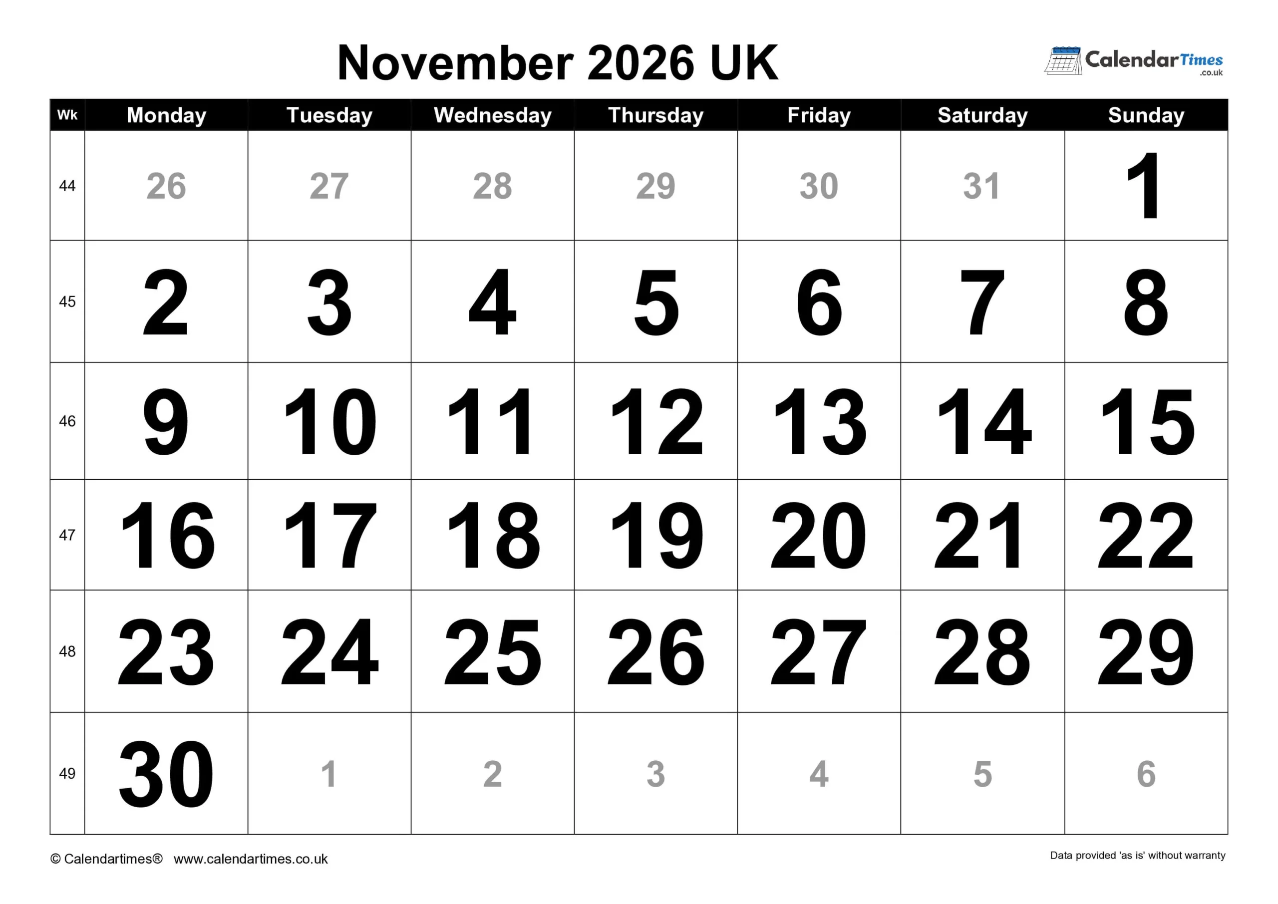 November Calendar 2026 Printable