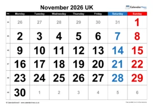 November 2026 Calendar Printable UK
