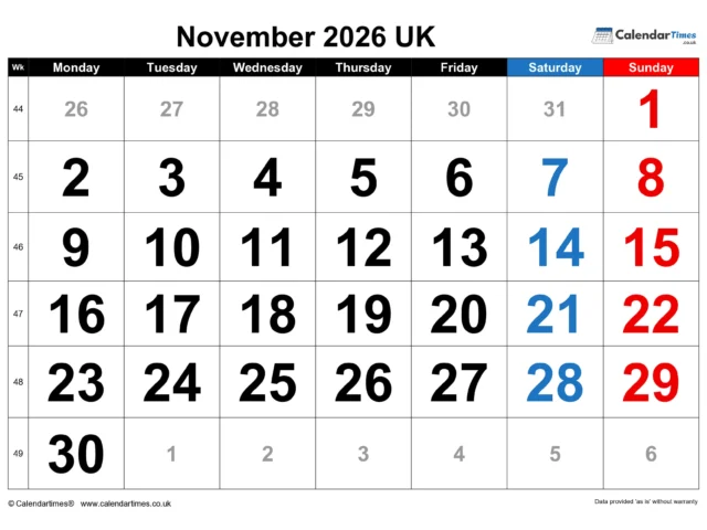 November 2026 Calendar Printable UK